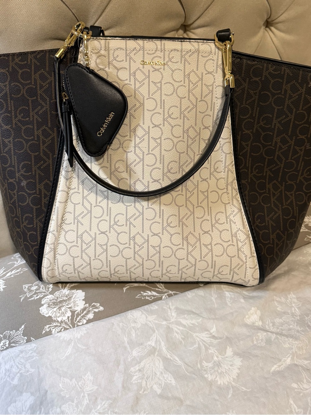 Calvin Klein Monogram Two-Tone Tote — Cream & Brown with Black Trim